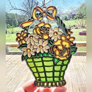 Vtg 80s Stained Glass Suncatcher Floral Basket Window Art Decal Hanging Trinket